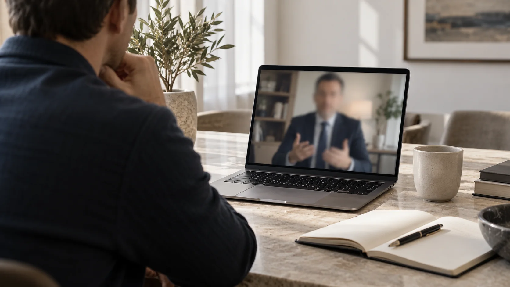 Illustration af en klient, som taler med en advokat via video